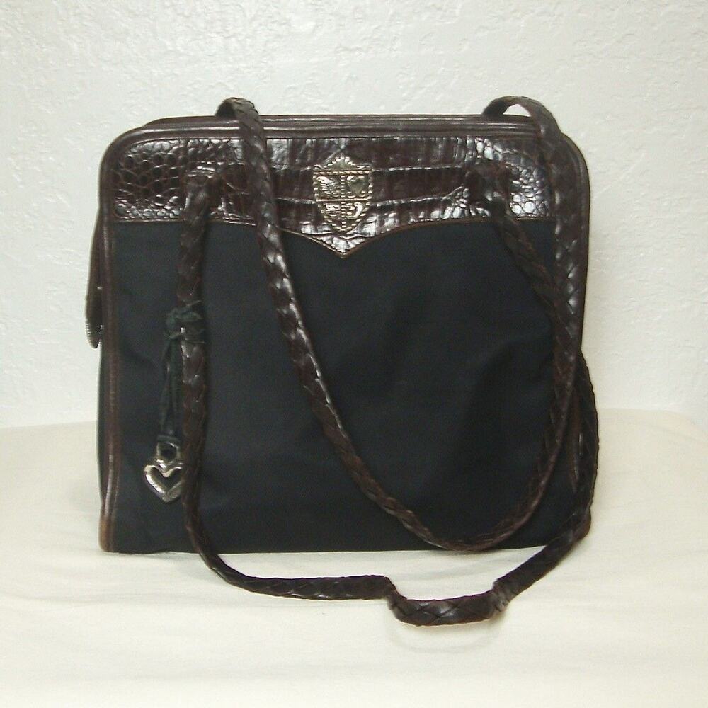 BRIGHTON Shoulder Bag Black Brown Croc Silver Heart CHARM Zip Braided Handle